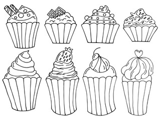 Large set of hand-drawn assorted cupcakes, illustration. Black outline. Doodles, icons for cafes, food industry