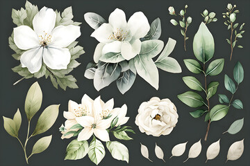 Watercolour floral illustration set. White flowers, green leaves individual elements collection. Rose, peony, eucalyptus. For bouquets, wreaths, wedding invitations, anniversary, birthday, prints.