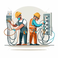 Two electrician working on a power grid illustration Generative AI
