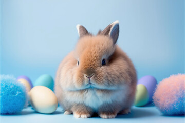 Cute Easter bunny with colorful eggs on pastel studio background. Easter holiday concept. Copy space. AI generative. 
