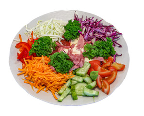 Vegetable salad from a cabbage, tomato, cucumbers, carrot, parsley. png transparent