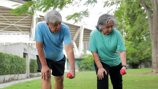 Asian elderly couple exercising outdoors together in the park. senior people exercising Lift dumbbells in the garden outside. sports concept