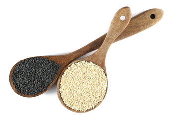 Black and white hulled sesame seeds in wooden spoon isolated on white, top view