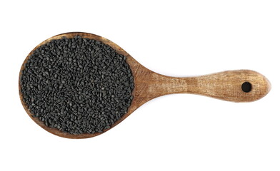 Black sesame seeds pile in wooden spoon isolated on white, top view