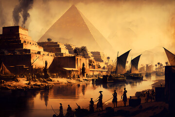 Ancient egypt civilization, people and workers building pyramids. Historic event, monument by nile river. Generative AI. - obrazy, fototapety, plakaty