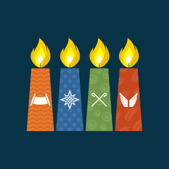 Christmas vector illustration. Four Advent candles lit in anticipation of the birth of Jesus Christ.