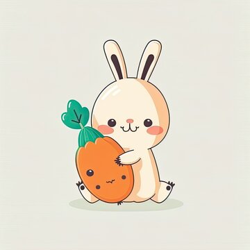 Cute cartoon rabbit holding a carrot on color background. Generative AI