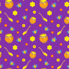 Seamless pattern with the image of a barrel of honey, a honeycomb, bees and a spoonful of honey on a purple background. Bright vector illustration