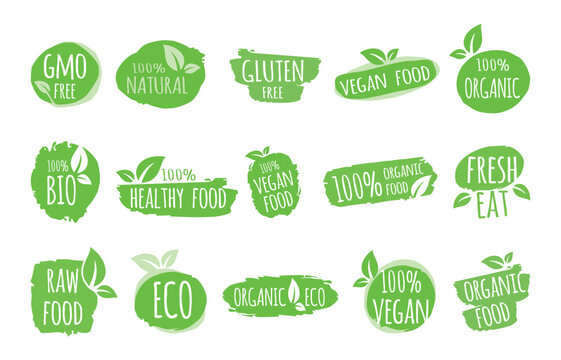 Organic Food, Vegan, Eco Green, Gluten Free, Healthy Food, Bio, GMO Free, Natural Food Stamp Sign Symbol Vector