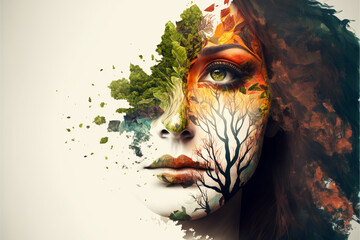 Mother nature concept seamlessly merged with beautiful face portrait of a young woman. Ai generated