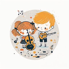 Two kids playing with a musical instrument illustration Generative AI