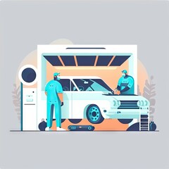 Two mechanics working on a car in a garage illustration Generative AI