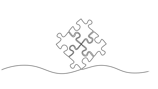 animated continuous single line drawing of four puzzle pieces fitting together, line art animation