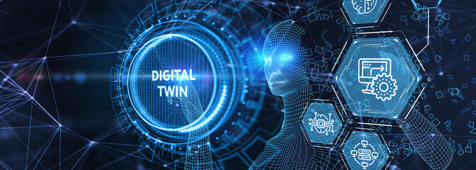 Digital twin industrial technology and manufacturing automation technology. 3d illustration - obrazy, fototapety, plakaty