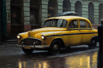 black and yellow taxi of Calcutta on a rainy day