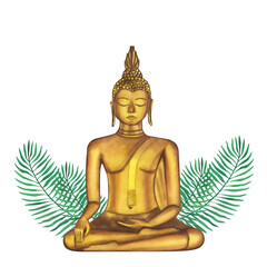 Obraz premium Golden Buddha with tropical green palm leaves. Religious symbol of Asia. Hand-drawn watercolor illustration isolated on white background