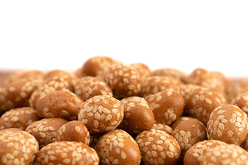 Crunchy Asian Sesame Peanuts Coated with Soy Sauce Isolatd on a White Background