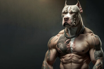  American Pit Bull Terrier dog, ears cropped, muscular ripped and shredded. A bulldog that has visible muscle definition and tattoos. Generative image of a dogs head on a humans body. Digital art.