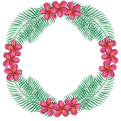 Fototapeta na wymiar Wreath frame from tropical palm leaves and plumeria frangipani flowers. Hand-drawn watercolor illustration isolated on white background