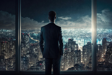 a business man stands in front of a huge window on the top floor of a skyscraper and looks at the evening city in lights