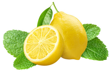 Group of delicious lemons with mint leaves cut out