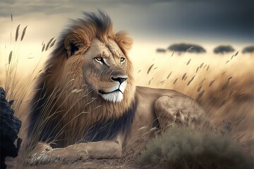 A lion rests in the savannah. Big Lion Close Up