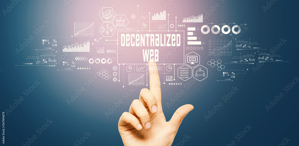 Aufkleber decentralized web theme with hand pressing a button