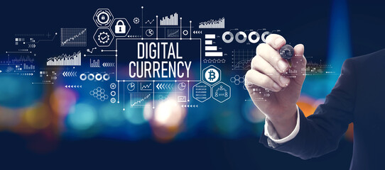 Digital currency theme with businessman at night - obrazy, fototapety, plakaty