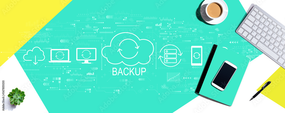 Poster backup concept with computer keyboard and office items