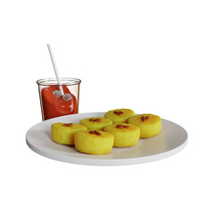 3d illustration of traditional Indonesian food lumpur cake on a plate with ice tea