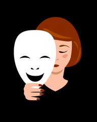 Woman with a sad face holds a cheerful mask in her hand. Vector illustration