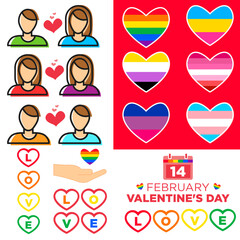 Iconos LGBT para san Valentín, 14 de febrero día del amor y la amistad