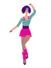A girl dressed in the style of the 90's dancing at a disco.