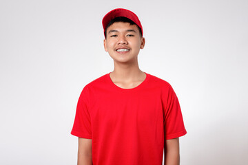 Courier Delivery worker shipping concept. Portrait of Smiling young asian Delivery man in red uniform isolated on white background