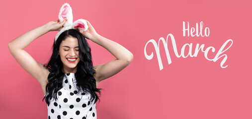 Hello March message with woman with Easter theme