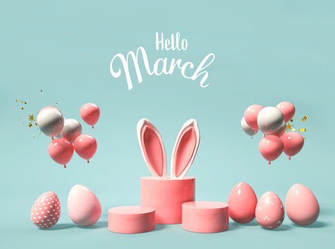 Hello March message with rabbit ears and eggs
