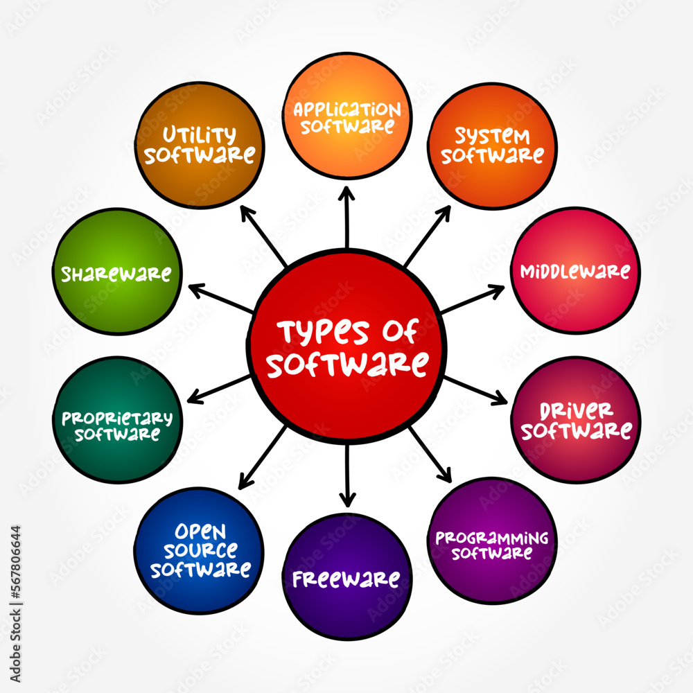 Poster Types of computer software (programs and associated documentation and data) mind map concept background