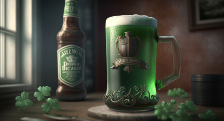 Fototapeta premium Celebrating Saint Patrick's Day with traditional Irish music, food, beer and drinks. generative ai