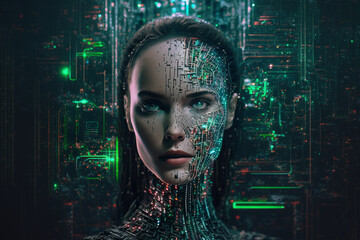 fictional person from the back, representing artificial intelligence inside a room full of green codes and computer components, generated by IA