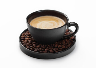 Large porcelain cup of hot creamy black coffee and fresh raw beans on saucer on white background