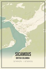 Retro Canadian map of Sicamous, British Columbia. Vintage street map.