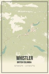 Retro Canadian map of Whistler, British Columbia. Vintage street map.