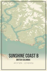 Retro Canadian map of Sunshine Coast B, British Columbia. Vintage street map.