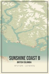 Retro Canadian map of Sunshine Coast B, British Columbia. Vintage street map.