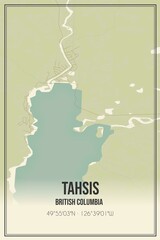 Retro Canadian map of Tahsis, British Columbia. Vintage street map.