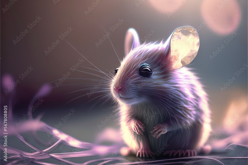 Poster a mouse with a full moon in its's ear sitting on a table top with a blurry background of lights and 