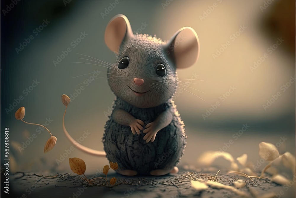Poster a little mouse sitting on top of a table next to a pile of leaves and a leafy plant with its eyes op