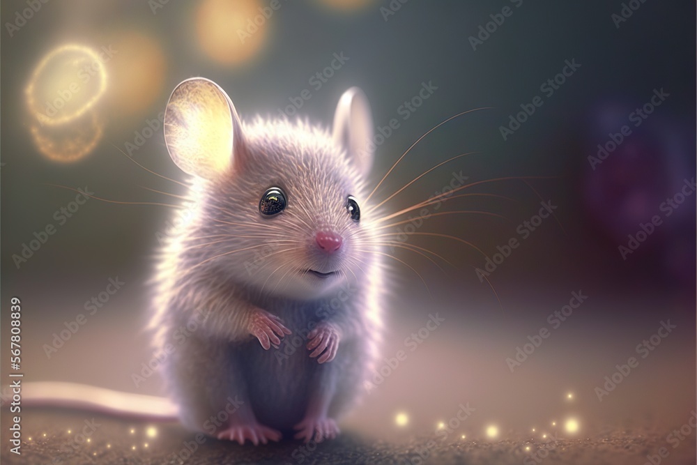 Poster a small mouse sitting on top of a table next to a light bulb and a blurry background with a light bu