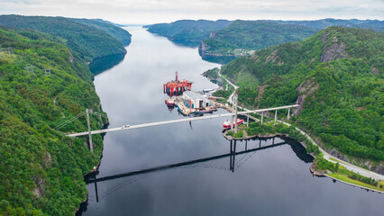 Aerial view of the Fedafjorden bru bridge crossing a fjord in Norway