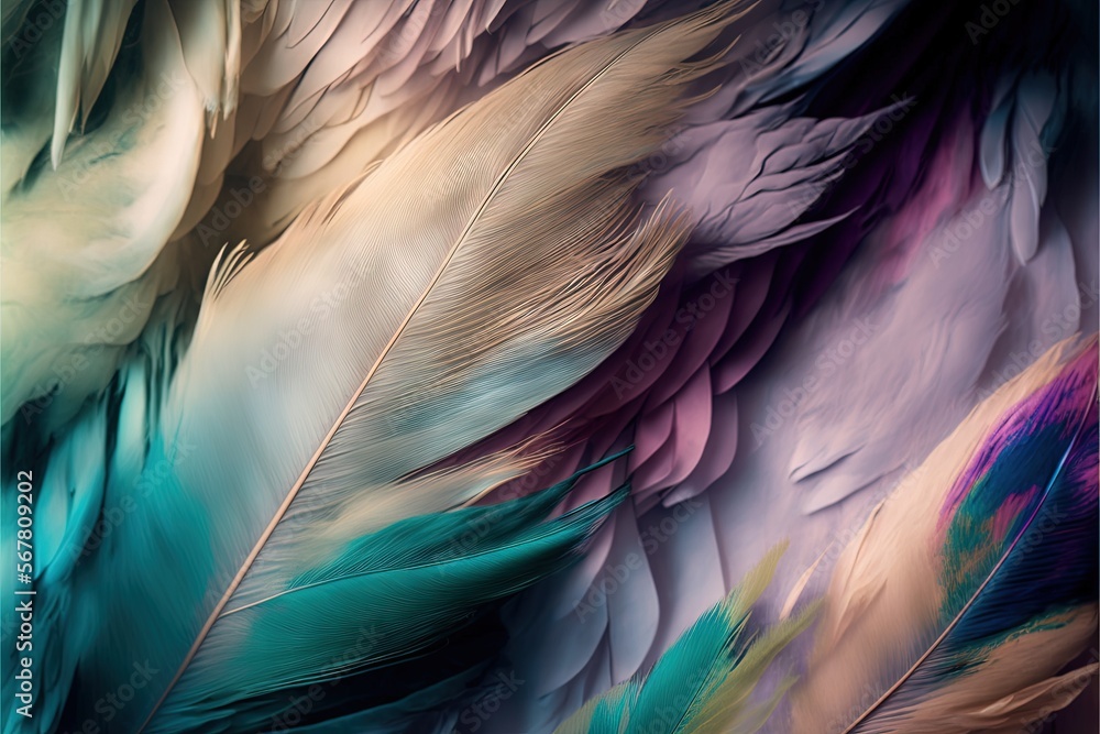 Poster a close up of a multicolored bird's feathers with a black frame on the bottom of the image and botto